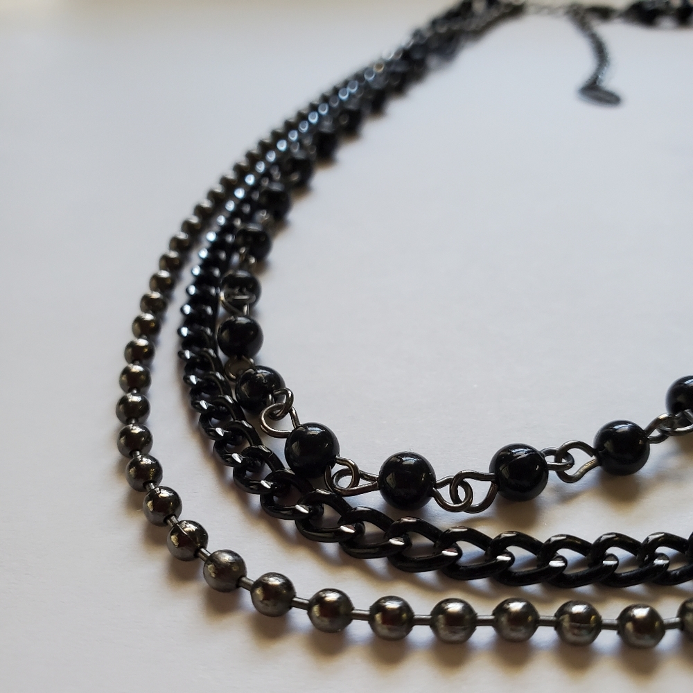 Tri-level Beaded And Chain Necklace Black & Silver